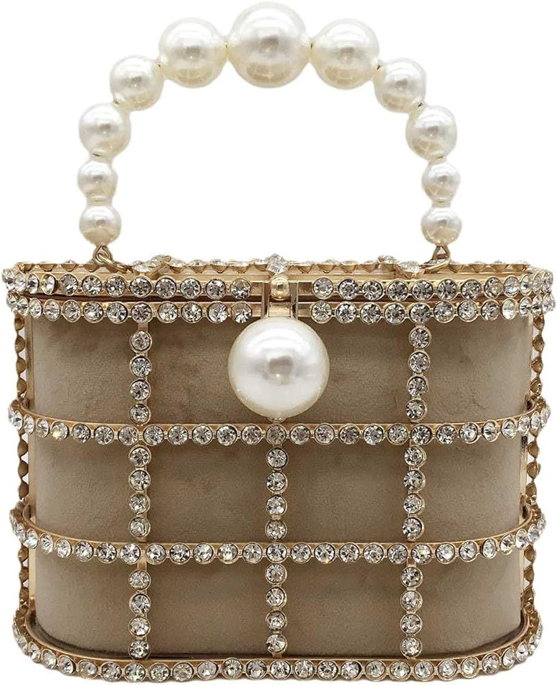 Synthetic Pearl Top-Handle Women Metal Bucket Bag Crystal Evening Purses and Clutches Formal Wedding | Amazon (US)