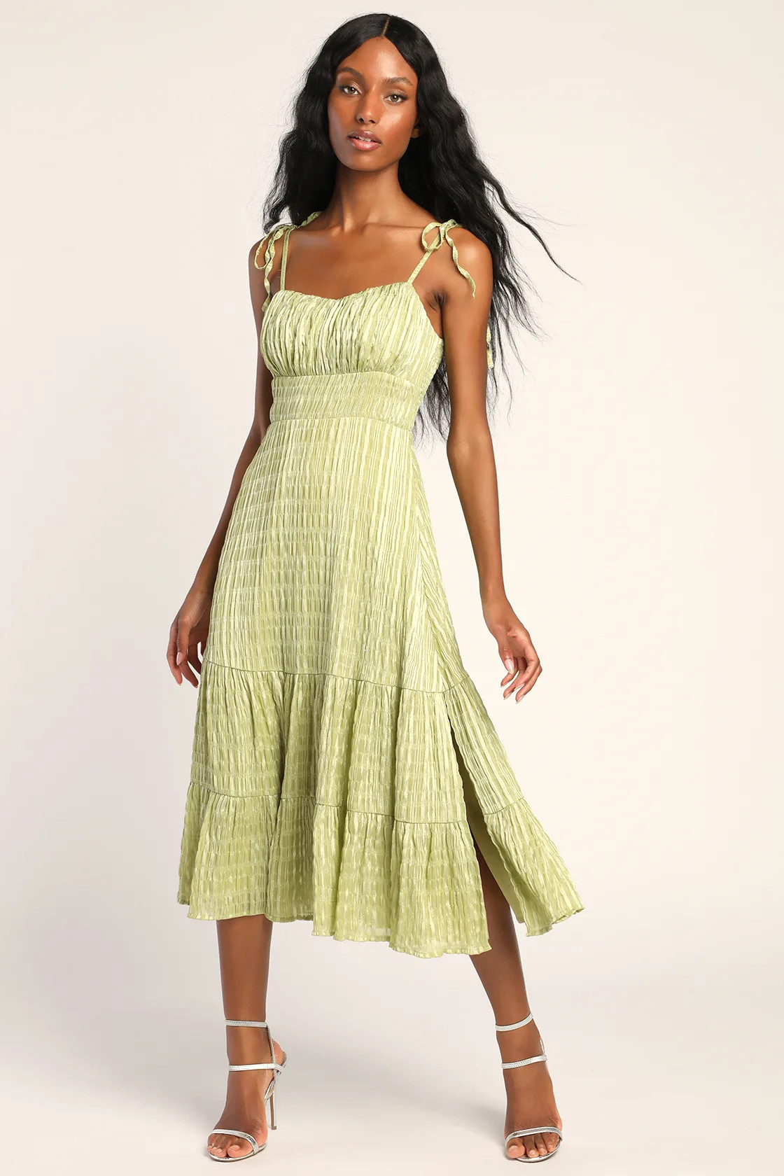 Sparkling Scene Green Metallic Striped Tie-Strap Midi Dress | Lulus (US)