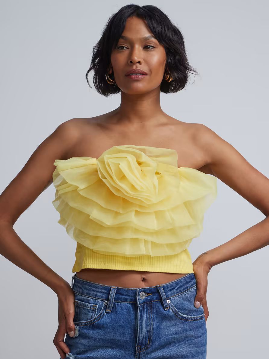 Tulle-Rosette Strapless Knit Top | New York & Company