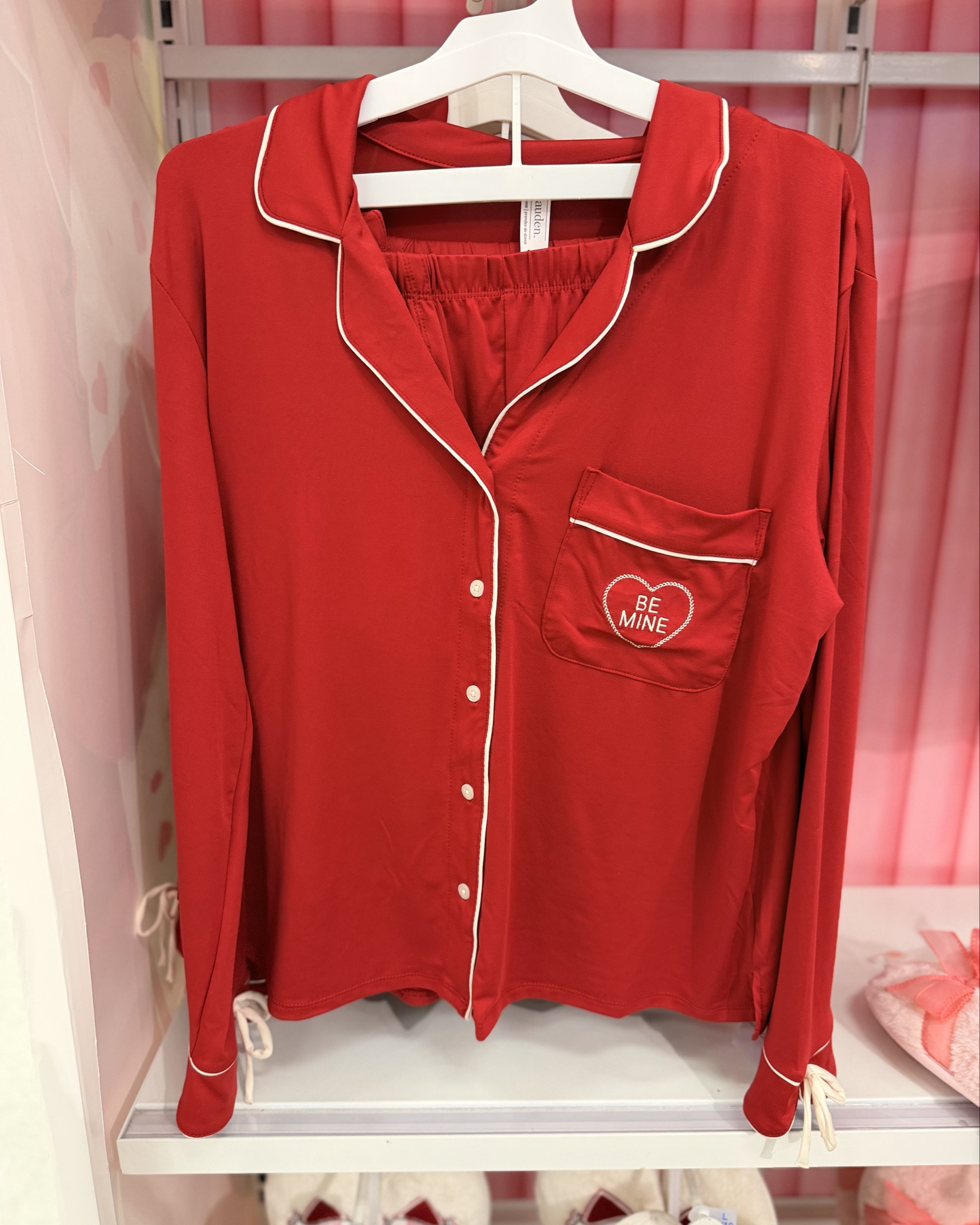 Obsessed with this Valentine two-piece pajama set 💌 The “BE MINE” detail and tie sleeves make it extra cute and perfect for cozy nights in.

#LTKselfcare #LTKFindsUnder50