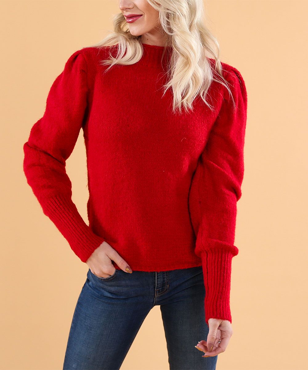Coco & Main Women's Turtlenecks Red - Red Puff-Sleeve Turtleneck Sweater - Women | Zulily