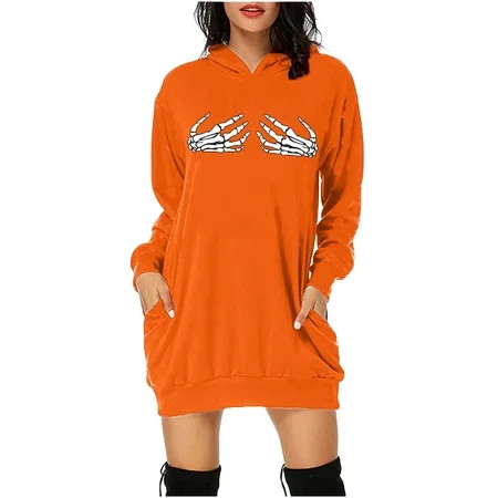 REORIAFEE Womens Halloween Swing Dress Prom Dress Halloween Print Hooded Pocket Short Sweatshirt Dre | Walmart (US)