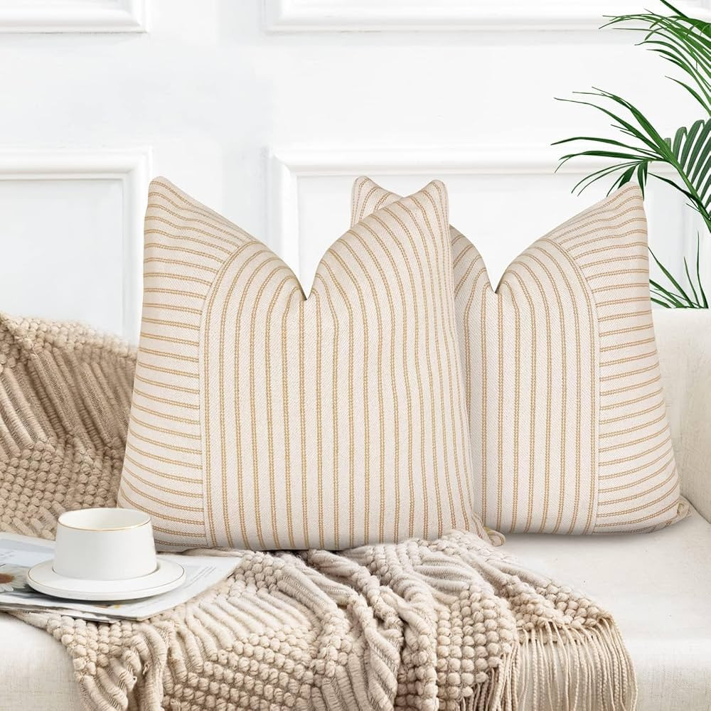 Farmhouse Pillow Covers 18x18, Modern Accent Square Throw Pillow Covers Set of 2, Khaki and Beige... | Amazon (US)