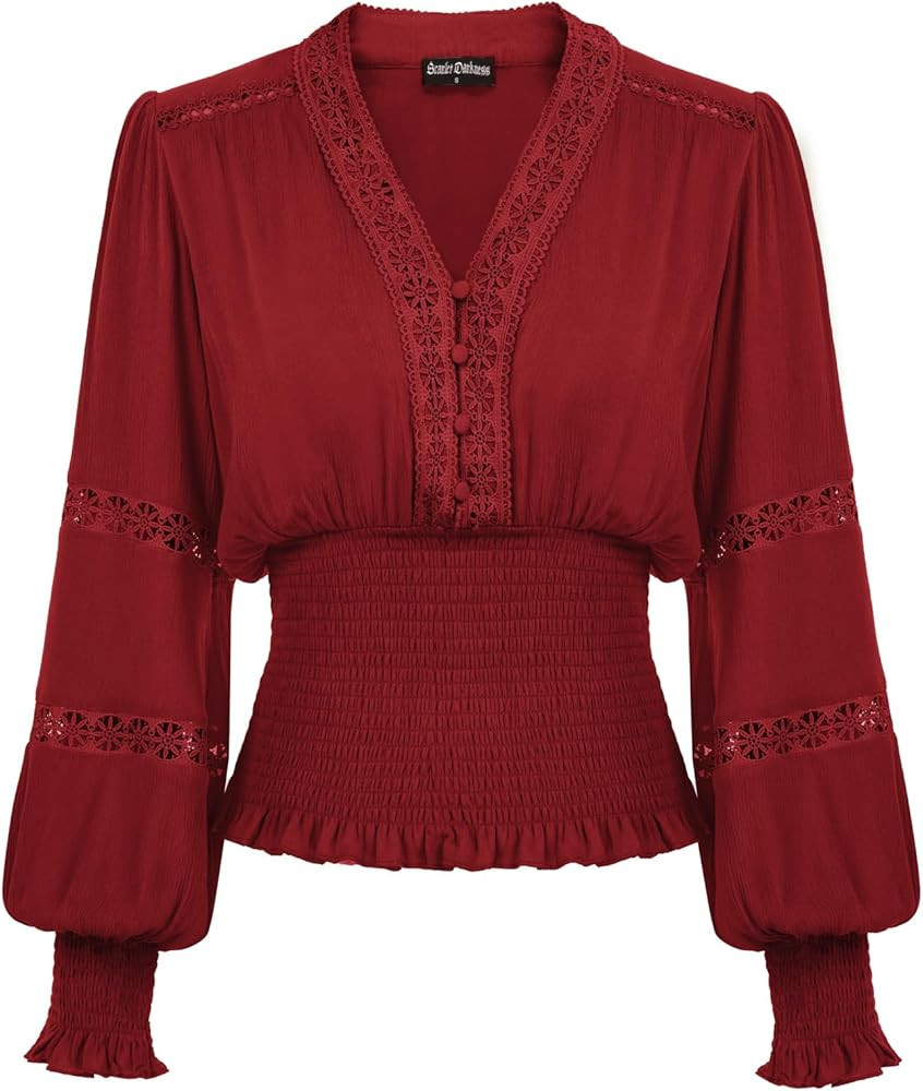 Women's Renaissance Peasant Blouse V Neck Lantern Sleeve Lace Smocked Tops | Amazon (US)