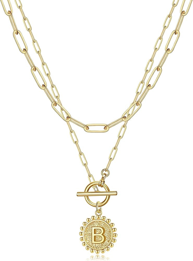 Gold Layered Initial Necklaces for Women, 14K Gold Plated Dainty Layering Paperclip Link Chain Neckl | Amazon (US)