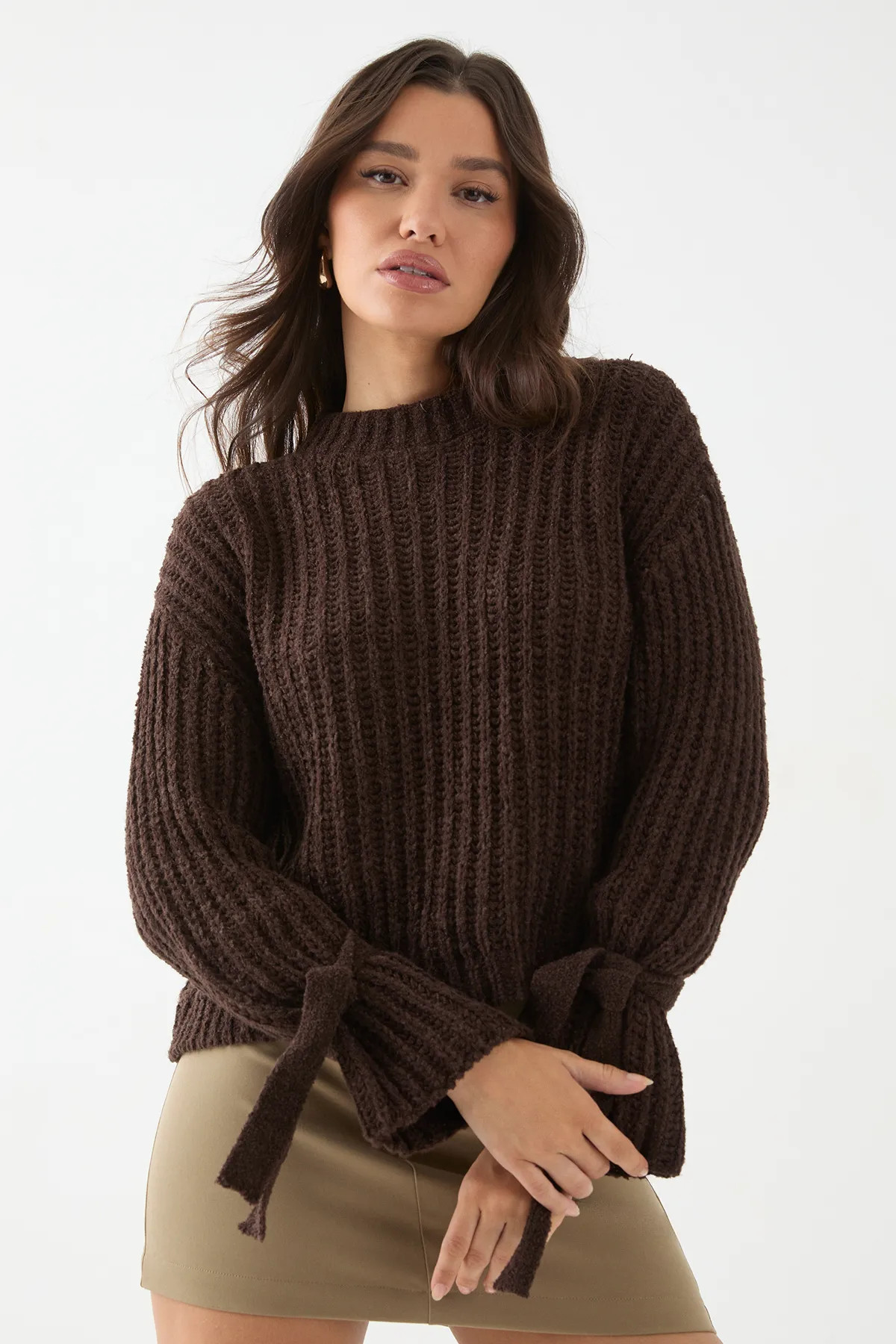 Chocolate MissPap Knitted Tie Sleeve Oversized Jumper | Boohoo | Boohoo.com (UK & IE)