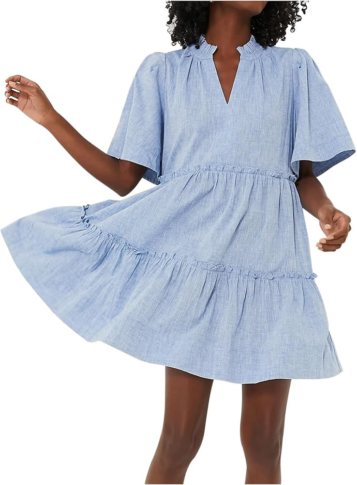 Women's Cotton Linen Tunic Babydoll Dress V Neck Ruffle Tiered Mini Dress Casual Summer Pleated F... | Amazon (US)