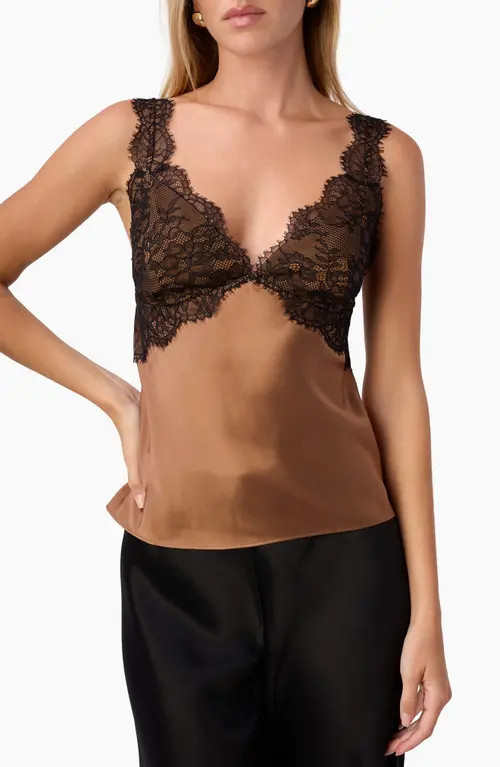 CAMI NYC Lisette Lace Accent Silk Camisole in Caramel at Nordstrom, Size X-Large | Nordstrom