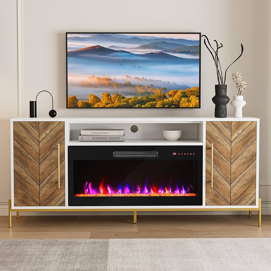 BELLEZE 68" Wood TV Stand with 36" Electric Fireplace, Entertainment Center with Storage Cabinet,... | Amazon (US)