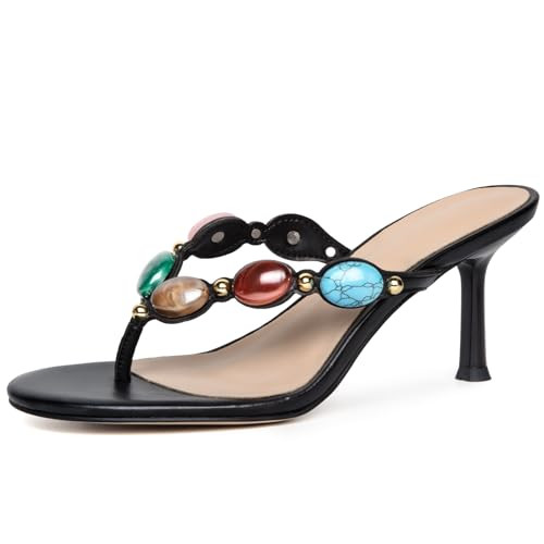 Jeweled Thong Heeld Sandals for Women Kitten Heel Round Open Toe Flip Flops Fashion Summer Beach ... | Amazon (US)