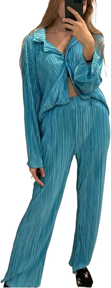 Creaion Women's Trendy Pleated Beach Matching Sets Summer Long Sleeve Button Down TShirt Micro Fl... | Amazon (US)