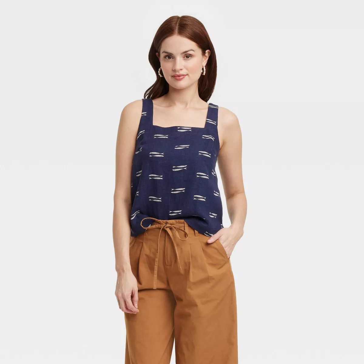 Women's Linen Tank Top - A New Day™ Navy/Cream Fish M: Midweight Canvas, Squareneck, Wide Strap... | Target