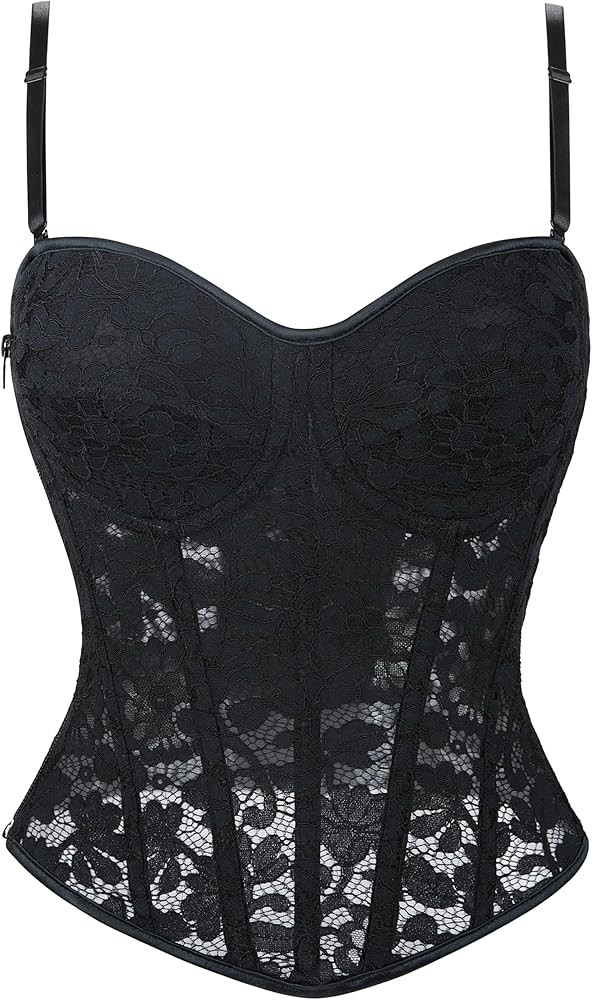 Women's Lace-Bustier Floral-Sheer-Mesh-Corset - Sexy-Spaghetti-Strap Zipper Corset Cami Tops Goin... | Amazon (US)
