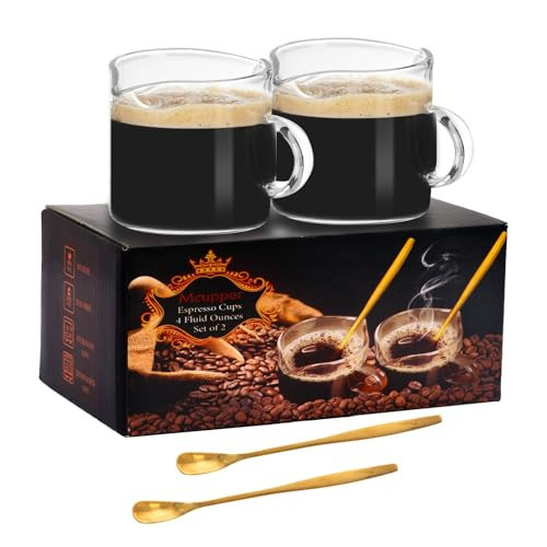 Mcupper 2 Pack Espresso Cups 4 OZ, Double Spouts Cups with Handle and 2 Stainless Steel Spoons, Espresso Shot Glasses, Milk Cup, Clear Glass for Espresso Machine | Amazon (US)
