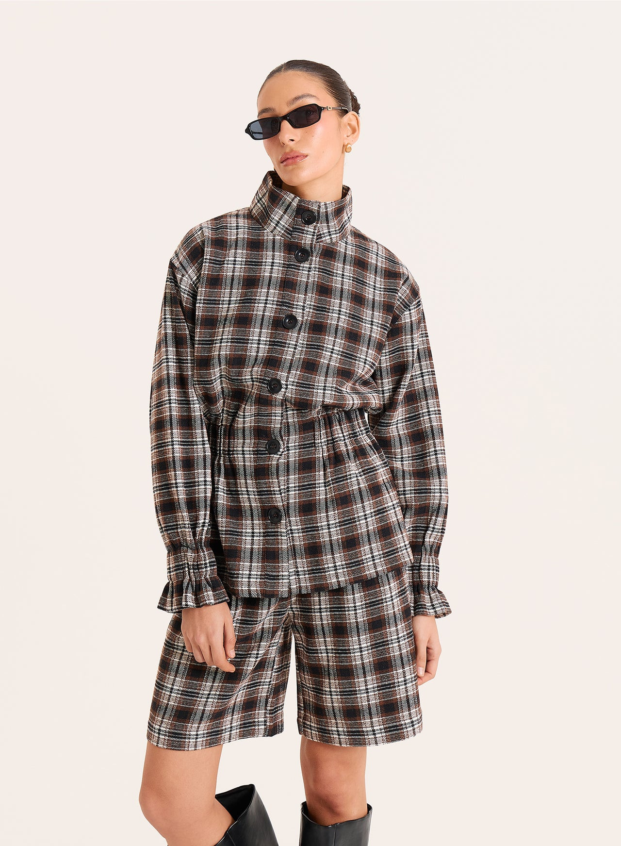 Women's Brown Check Funnel Neck Cinched Waist Jacket | Perry | 4th & Reckless | 4th & Reckless