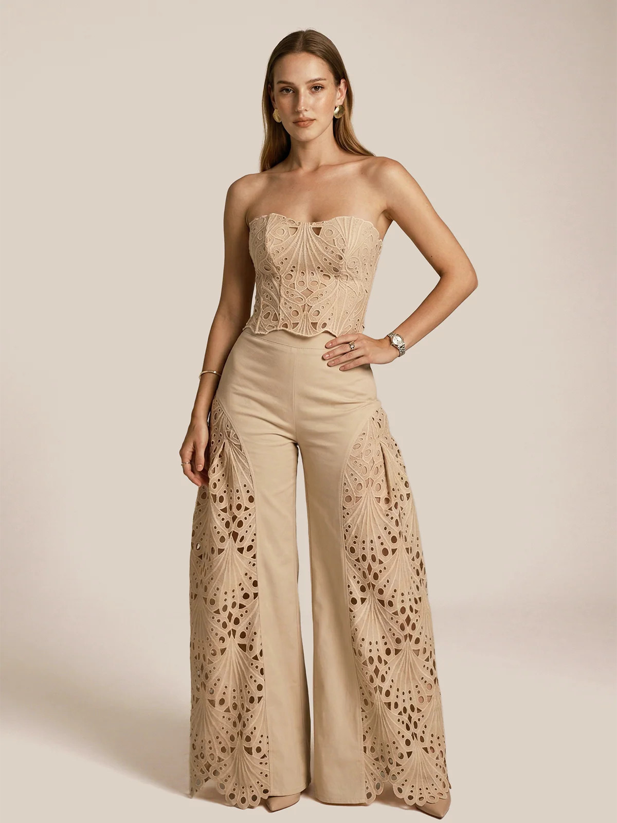Strapless Eyelet Top & Wide Leg Pants Set | Commense
