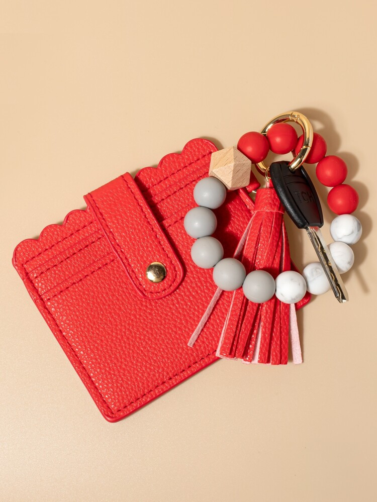 1pc Women Tassel & Bead Decor Card Holder Design Casual Style Keychain | SHEIN