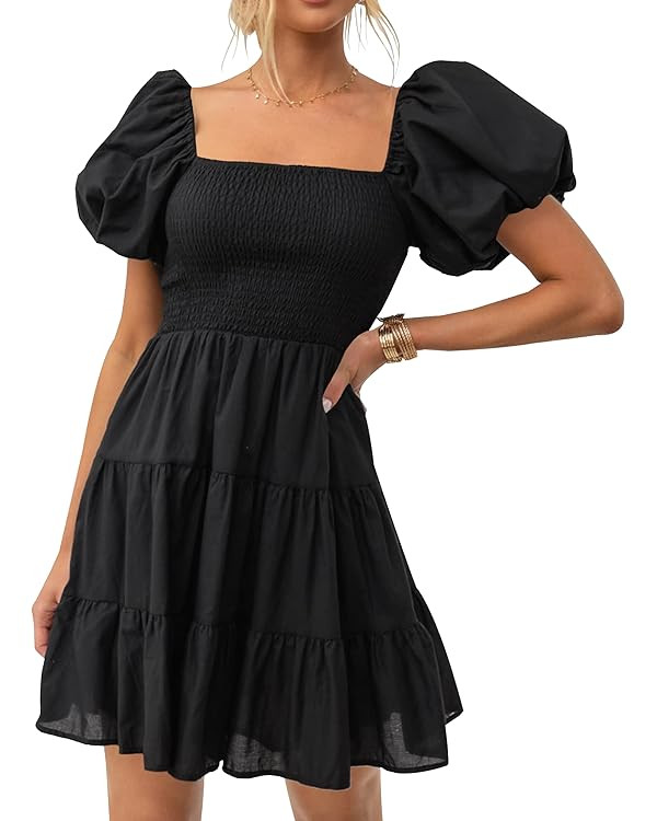 ZESICA Women's 2024 Boho Summer Square Neck Puff Sleeve Off Shoulder Smocked Tiered Casual A Line... | Amazon (US)