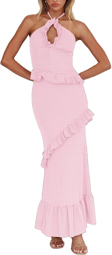 Y2k Ruffle Long Skirt Sets for Women 2 Piece Outfits Summer Ruched Backless Cami Top Matching Boh... | Amazon (US)