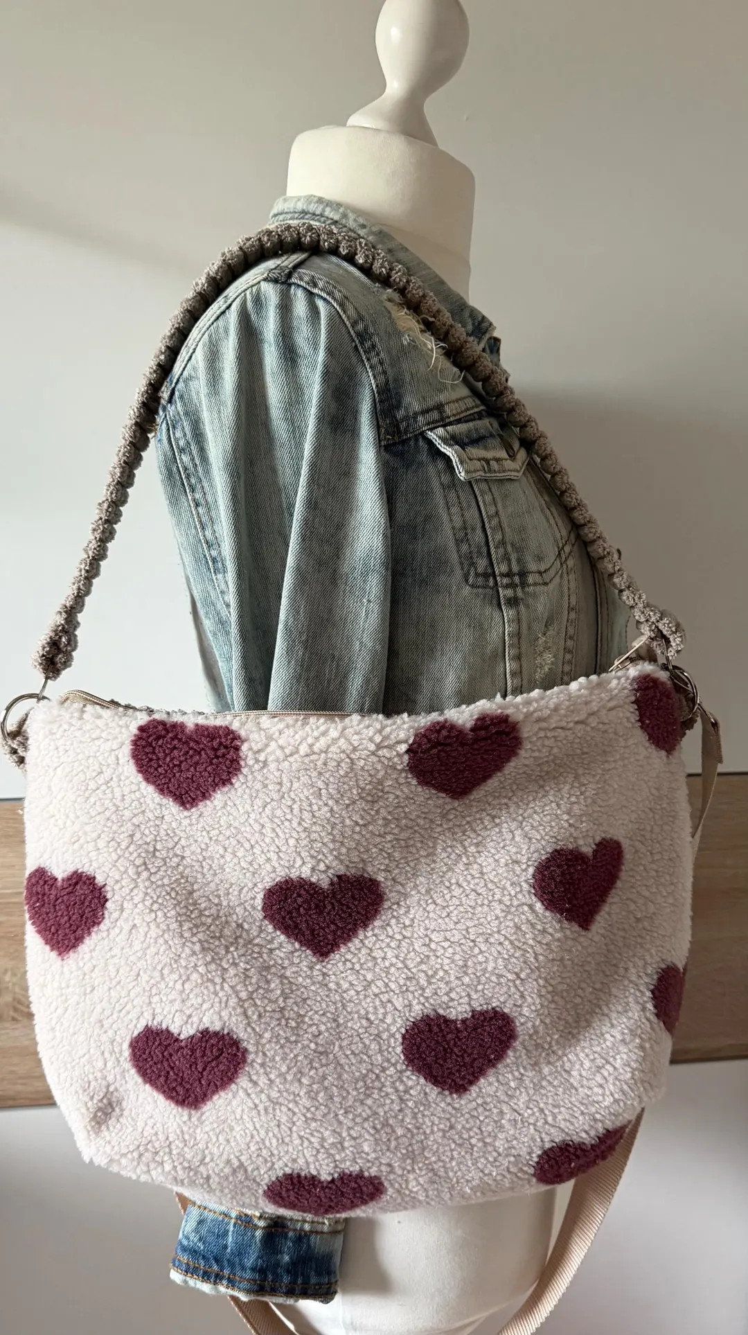 Tasche Shopper rund, Umhängetasche Cordtasche, Teddystofftasche, mit Teddystoff, beige, Herzen | Etsy (US)