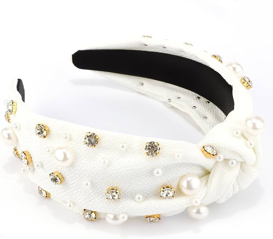 AHONEY Pearl Headband Knotted Headband for Women Girls, Rhinestone Top Knot Crystal Headband Whit... | Amazon (US)