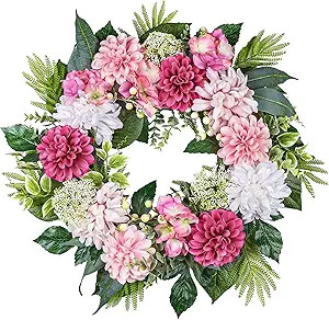 24-Inch Spring Wreath for Front Door with Hydrangeas Dahlias Daisy Silk Flowers and Berry Greener... | Amazon (US)