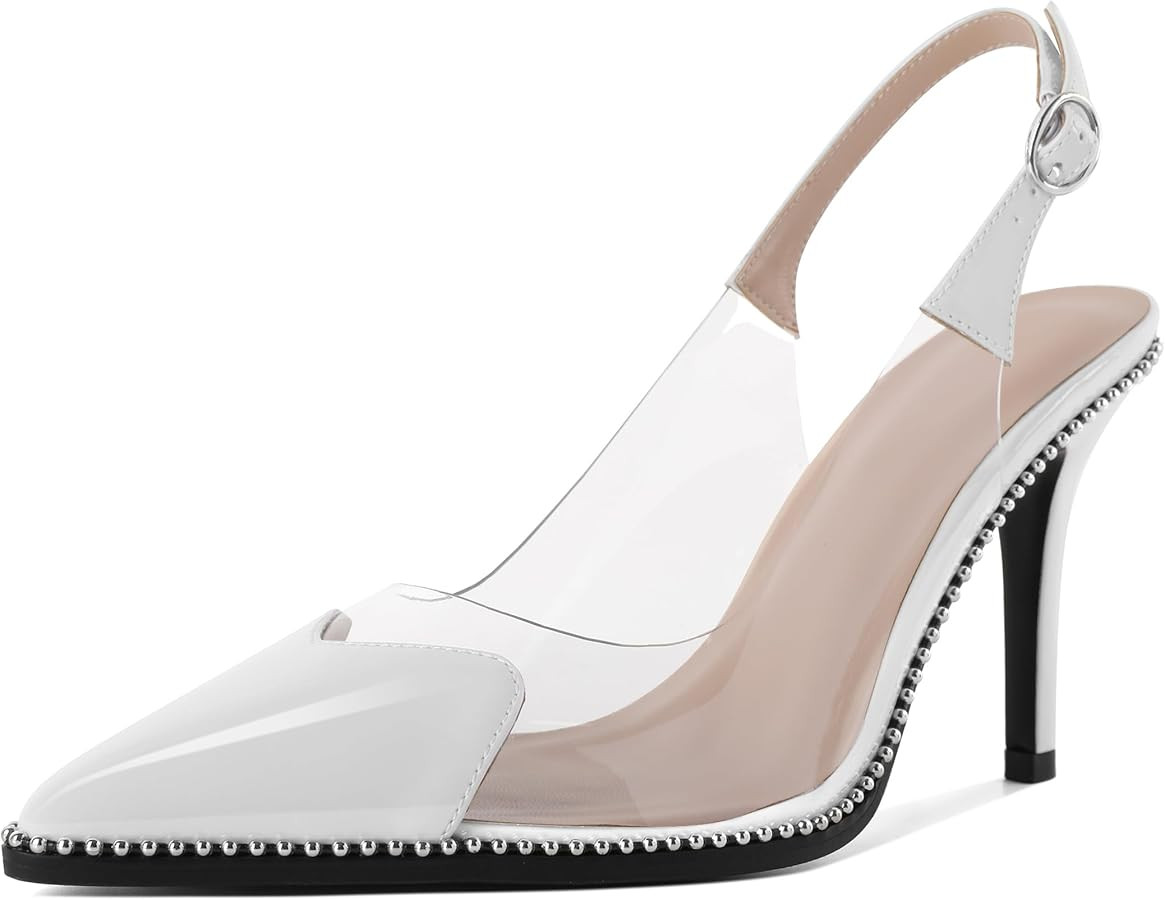 Zamikoo Women Sling Back Heels Pointed Toe Slip On Beaded Clear Transparent Heart Pattern High He... | Amazon (US)