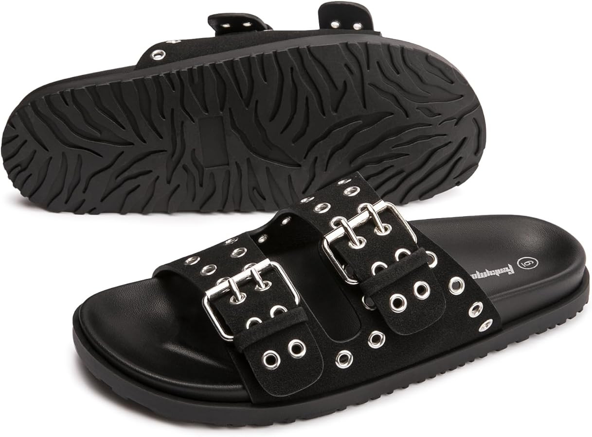 FUNKYMONKEY Women's Eyelets Adjustable Double Strap Slides Slip On Comfort Flat Sandals for Summe... | Amazon (US)