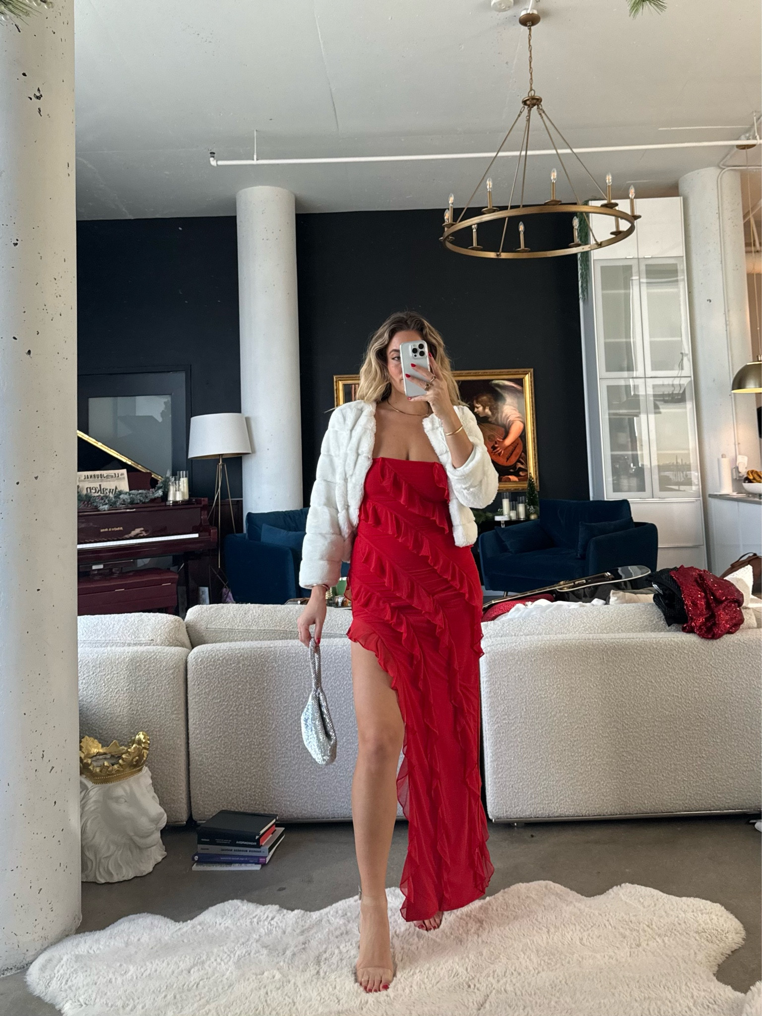 I’m wearing a size 6 in the dress, size small in the jacket, size medium in the skims bralette and boxers 