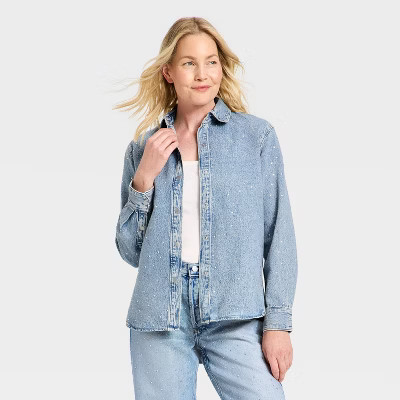 Women's Denim Button-Down Rhinestone Shirt - Universal Thread™ Light Wash | Target