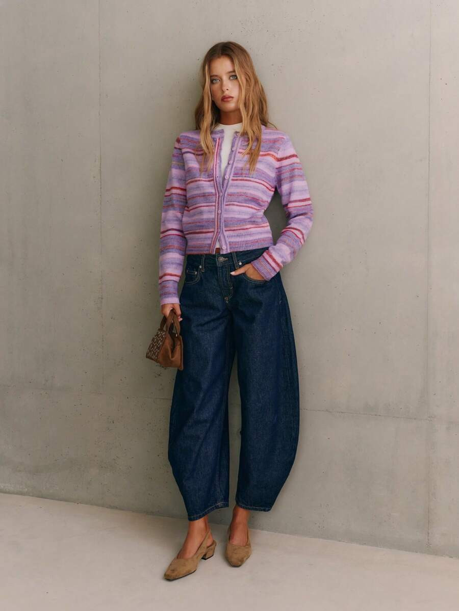 Nöista Purple Striped Knit Cardigan With Cropped Fit And Soft Texture, Youthful Layering Piece F... | SHEIN