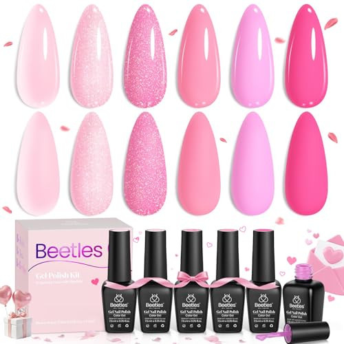 Beetles Pink Gel Nail Polish Set - 6 Colors Hot Pink Glitter Bright Jelly Gel Polish Soak off Uv LED Cured Nail Art Design Salon Home DIY Manicure Valentines Day Gifts for Women | Amazon (US)