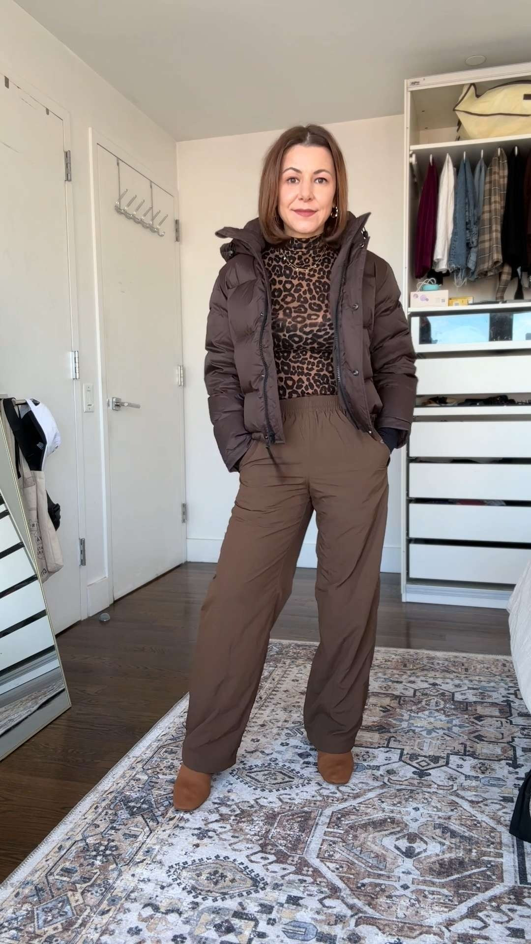 All brown outfit, cozy, warm and cute! Bomber jacket and warm joggers with animal print top.  

 #LTKGiftGuide #LTKgrwm #LTKSeasonal