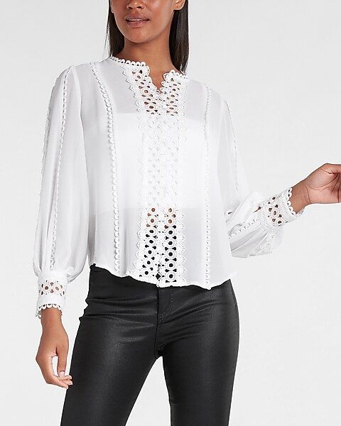 Eyelet Lace Button Up Long Sleeve Top | Express