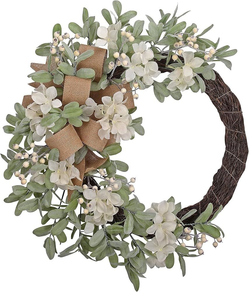 Haute Decor Large Crescent Grapevine Hydrangea Wreath with White Berries, Lamb’s Ear & Burlap B... | Amazon (US)