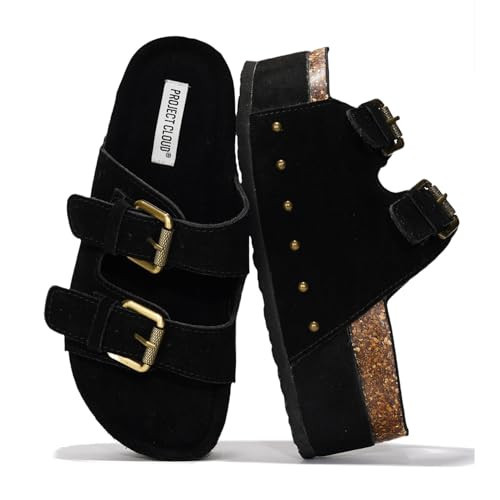 Project Cloud 100% Genuine Leather Platform Sandals Women - Memory Foam Insole with Two-Buckle - Non-Slip and Comfortable Wedge Sandals for Women 2026 (Oliy, BLK, 8.5) | Amazon (US)