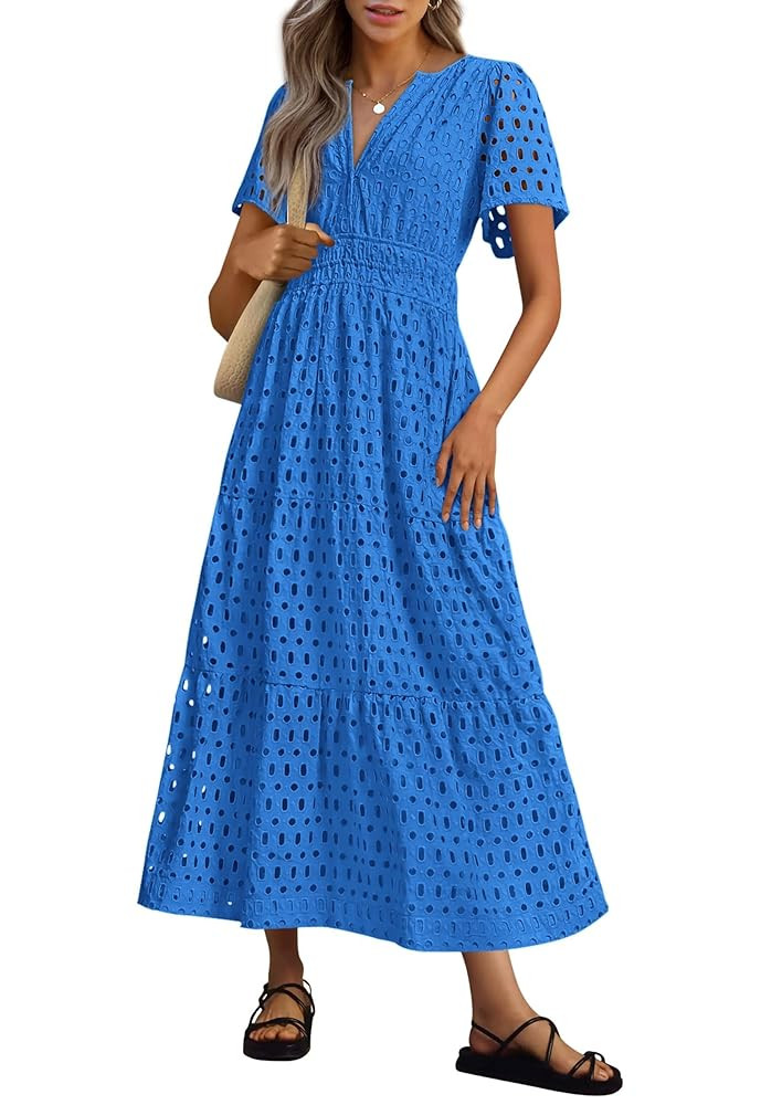 PRETTYGARDEN Womens 2025 Summer Maxi Dress Short Sleeve V Neck Hollow Out Eyelet A Line Long Flow... | Amazon (US)