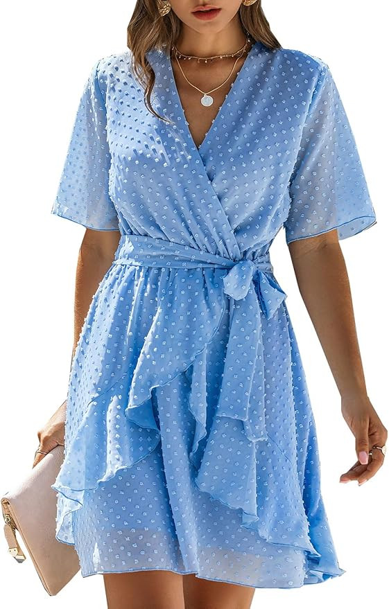 BTFBM Women Fashion Faux Wrap Swiss Dot V-Neck Short Sleeve High Waist A-Line Ruffle Hem Plain Be... | Amazon (US)