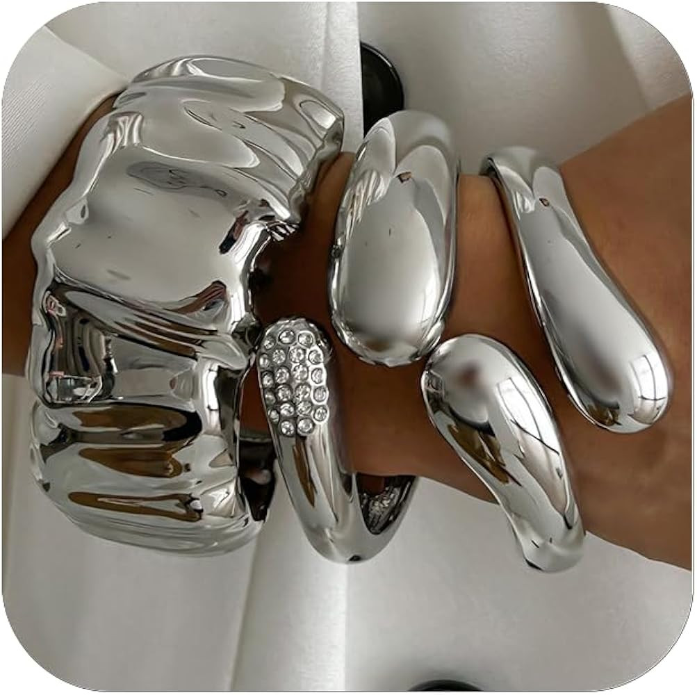 CJIAYUJEW 3Pcs Big Chunky Gold Bangle for Women Silver Cuff Wide Bracelet Trendy Teardrop Wire Ir... | Amazon (US)