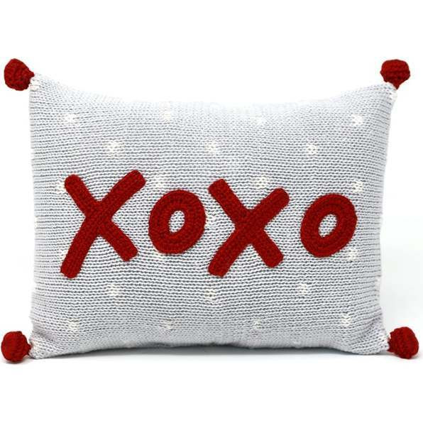 Xoxo Mini Pom Pom Pillow, Silver/Red | Maisonette
