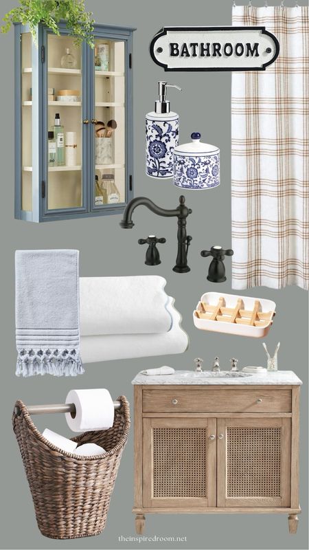 Bathroom inspiration mood board - vanity, shower curtain, towels, apothecary cabinet, soap dispenser blue and white, toilet paper basket etc 

#LTKhome #LTKstyletip #LTKsalealert