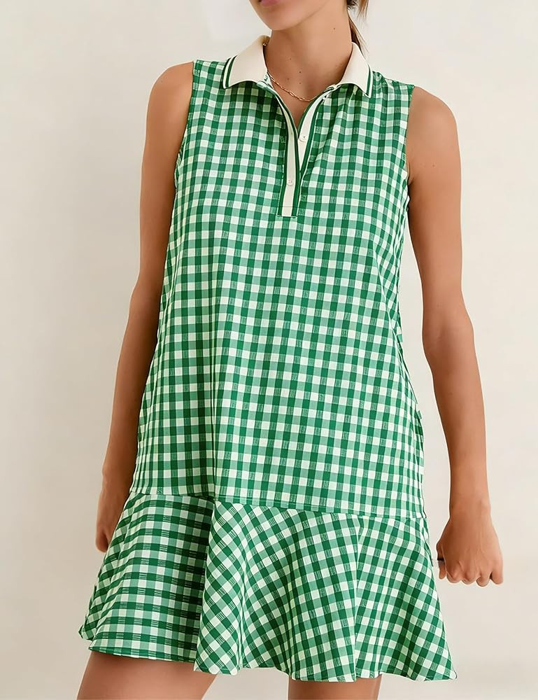 Womens Gingham Polo Dress V Neck Sleeveless Ruffled Hem Mini Dresses Plaid Button Front Tennis Dr... | Amazon (US)