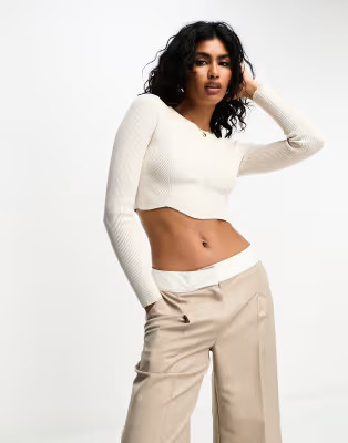 Bershka crew neck cropped sweater in sand | ASOS (Global)