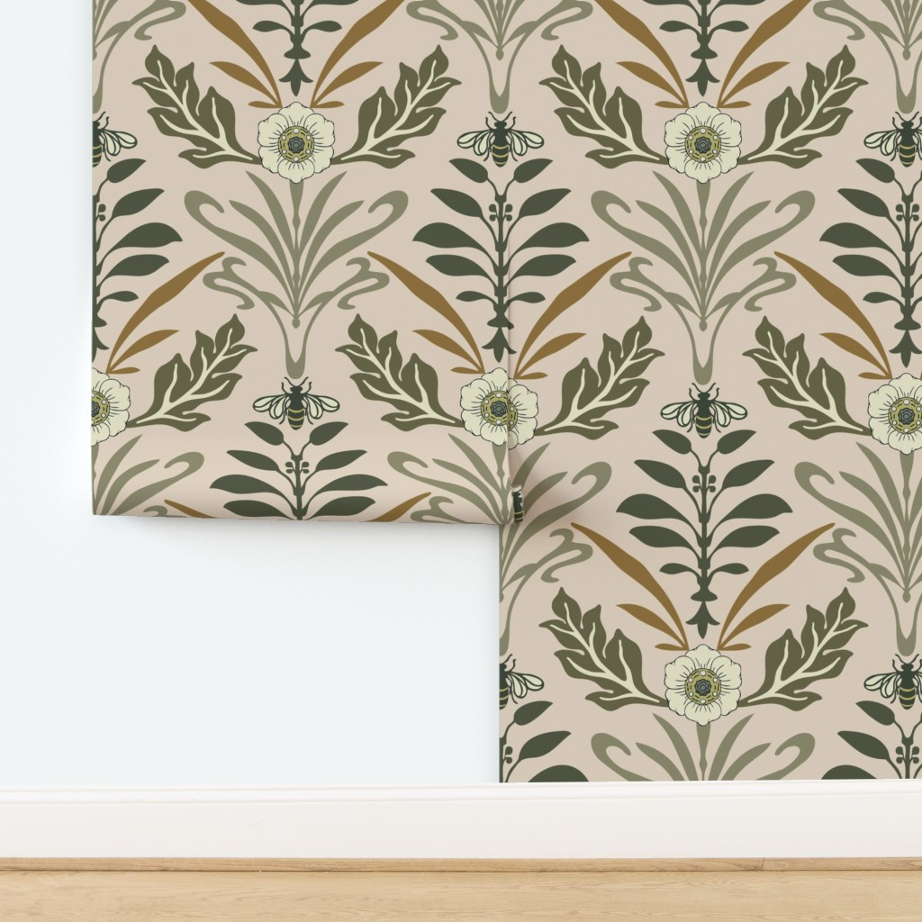 Wallpaper in Jum - Art Nouveau - Jumbo - Blush Pink - Honey Bee and Flower | Spoonflower