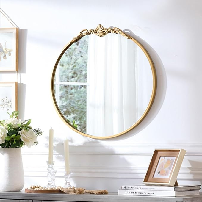 LOVNAHO Vintage Round Wall Mirror, 19 Inch Gold Frame, Baroque Arched Design, Decorative Vanity M... | Amazon (CA)