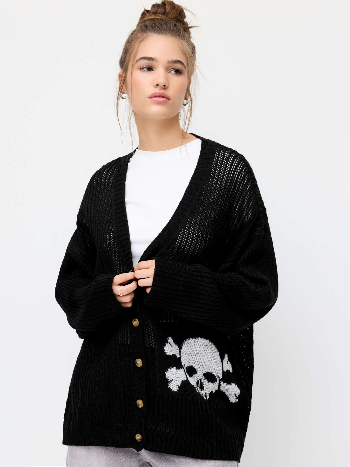 Knit Fabric Knit V-neck Skeleton Pattern Hollow Out Oversized Cardigan | Cider