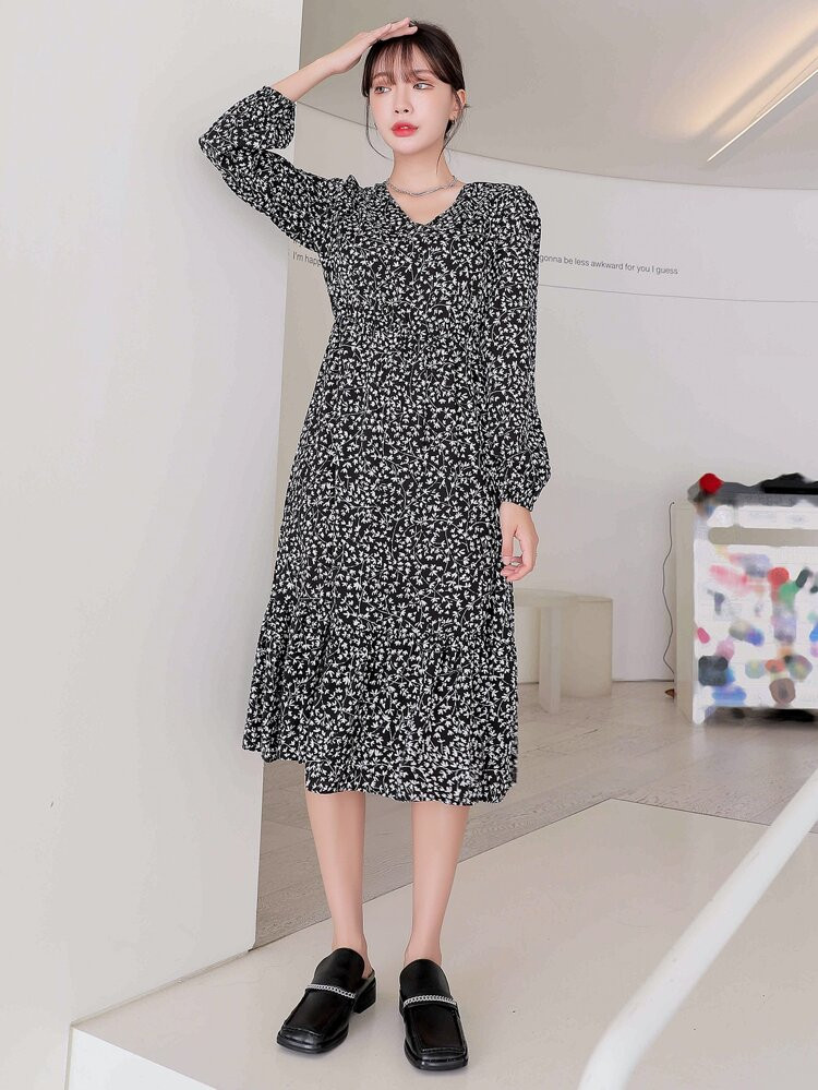 DAZY Plant Print Lantern Sleeve Ruffle Hem Dress | SHEIN