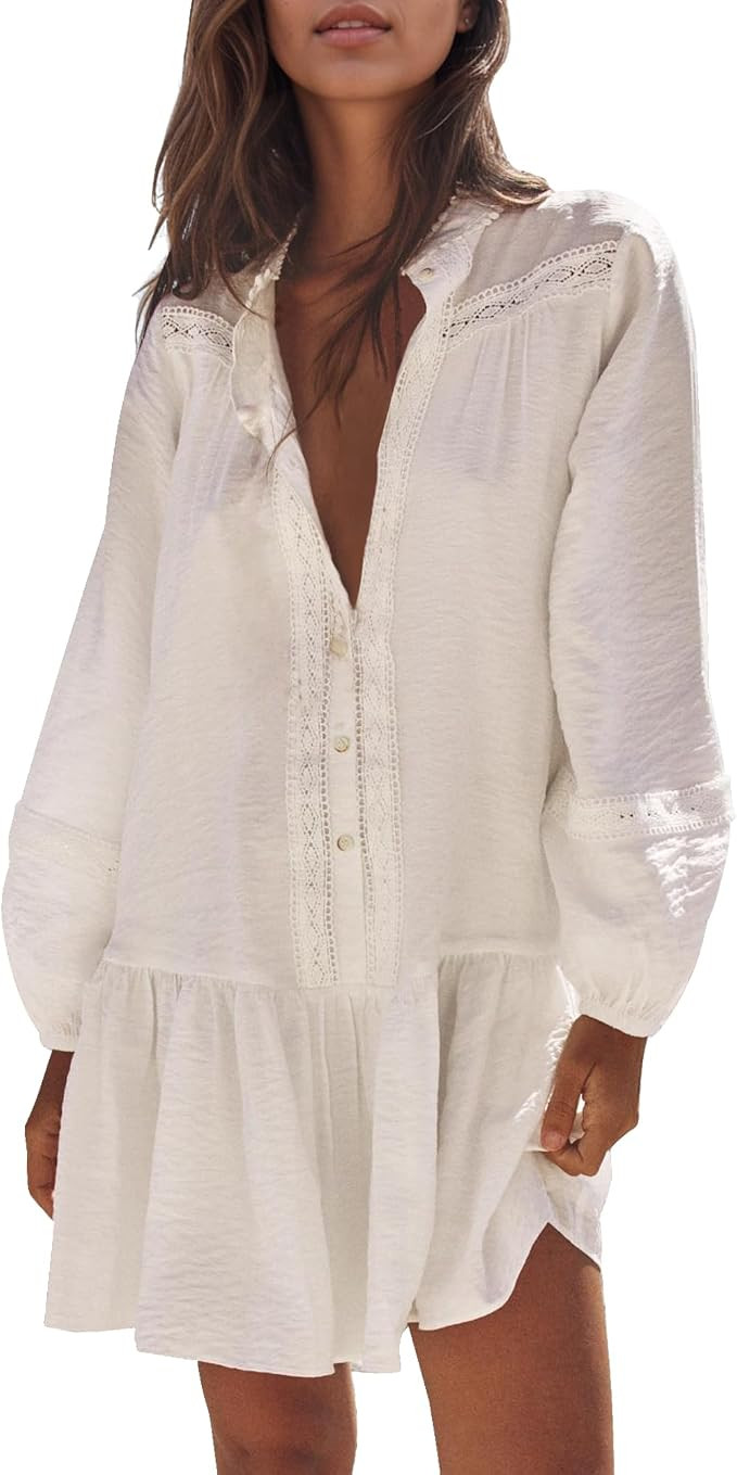 Gacaky Women's Casual Long Sleeve Button Down Mini Dress Loose Cotton Flowy Swing Embroidered Shi... | Amazon (US)