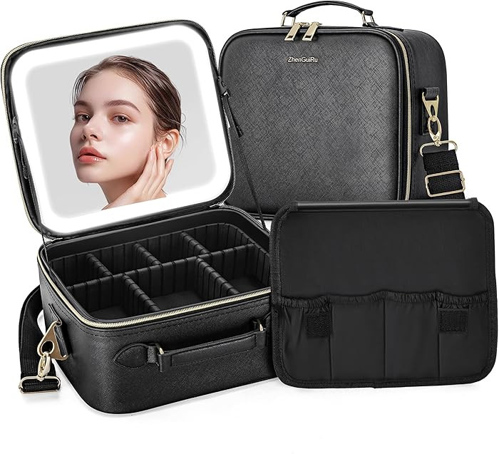 Travel Makeup Bag with LED Mirror, Portable Cosmetic Case Organizer with Lighted Mirror, Waterpro... | Amazon (US)