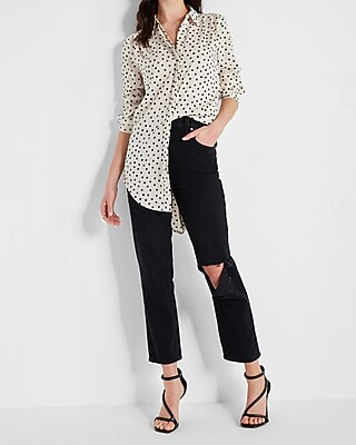 Tunic Pleated Shoulder Dot Print Button Up Shirt | Express